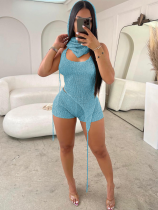 Light Blue Sexy Body Shaping Hollow Sequin Three-piece Set