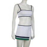 Splicing Contrast Color Navel-Baring Suspenders High Waist Irregular Skirt Sexy Two-Piece Suit