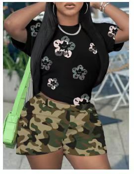 Casual Printed Patchwork O-Neck Short Sleeve Two-Piece Suit