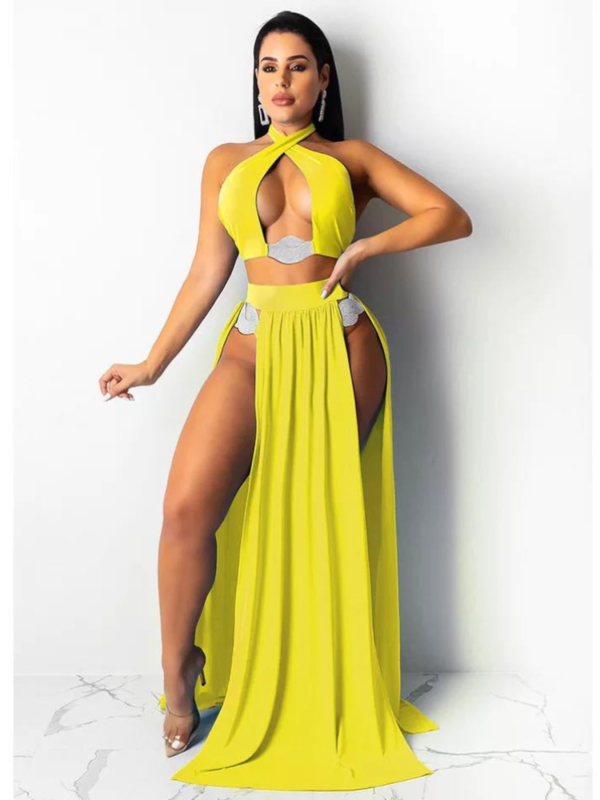 Yellow Sexy Three-piece Triangle Bikini Cover-up Set