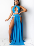 Blue Sexy Three-piece Triangle Bikini Cover-up Set