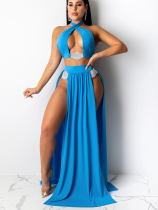 Blue Sexy Three-piece Triangle Bikini Cover-up Set
