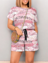 Fashionable Casual Contrast Color Round Neck Short Sleeve Drawstring Jumpsuit