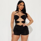 Sexy Hollow Metal Tube Stitching Contrasting Color Bow Jumpsuit