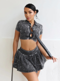 Black Printed Navel-Baring Shirt High Waist Pleated Skirt Two-Piece Set
