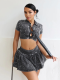 Black Printed Navel-Baring Shirt High Waist Pleated Skirt Two-Piece Set