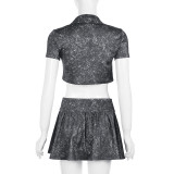 Black Printed Navel-Baring Shirt High Waist Pleated Skirt Two-Piece Set