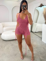Pink Sexy Body Shaping Hollow Sequin Three-piece Set
