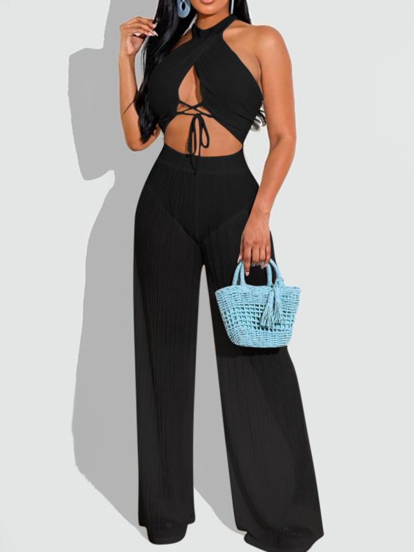 Black Sexy Halterneck Tube Top Shiny Silk See-Through Two-Piece Suit