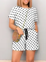 White Fashionable And Casual O-Neck Temperament Polka Dot Print Jumpsuit