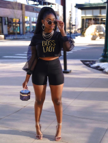 Black Printed Mesh See-Through Sleeve Round Neck Two-Piece Suit