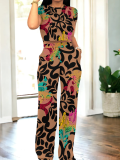 Brown Fashionable O-Neck Temperament Casual Printed Two-Piece Suit