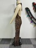 Leopard Print Lace-Up Halter Neck Waist Elastic Bag Hip Dress