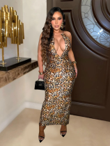 Fashion Women's Wild Leopard Print Backless Dress