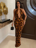 Fashion Women's Wild Leopard Print Backless Dress