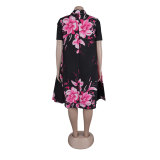 Black Printed V-Neck Zip-Up Short-Sleeved Dress