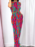 Rose Red Fashionable O-Neck Temperament Casual Printed Two-Piece Suit