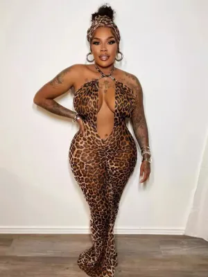 Leopard Print Lace-Up Halter Neck Waist Elastic Bag Hip Dress