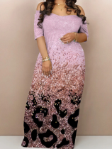 Pink Fashion Printed Casual Temperament One Neck Dresses