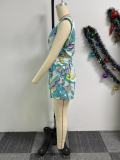 Green Printed V-Neck Sleeveless Pleated High Waist Shorts Two-Piece Set