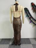 Leopard Print Lace-Up Halter Neck Waist Elastic Bag Hip Dress