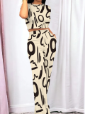 Light Yellow Fashionable O-Neck Temperament Casual Printed Two-Piece Suit