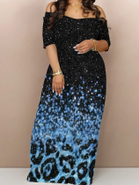 Blue Fashion Printed Casual Temperament One Neck Dresses