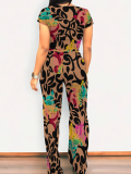 Brown Fashionable O-Neck Temperament Casual Printed Two-Piece Suit