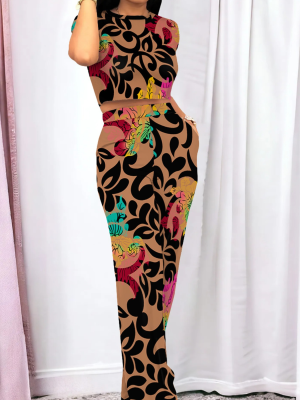 Brown Fashionable O-Neck Temperament Casual Printed Two-Piece Suit