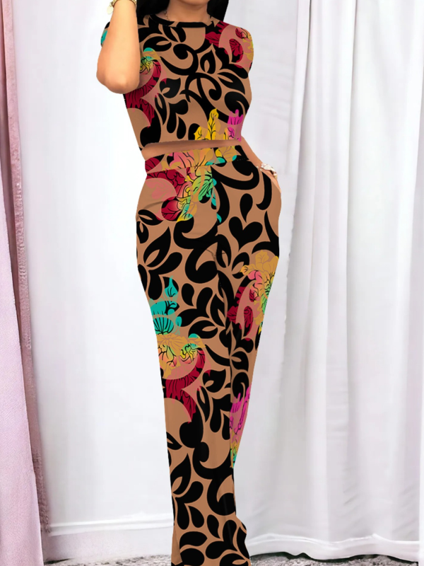Brown Fashionable O-Neck Temperament Casual Printed Two-Piece Suit
