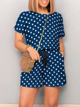 Blue Fashionable And Casual O-Neck Temperament Polka Dot Print Jumpsuit