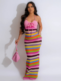 Pink Sexy Backless Halter Print Dress