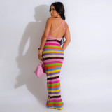 Pink Sexy Backless Halter Print Dress