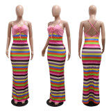 Pink Sexy Backless Halter Print Dress