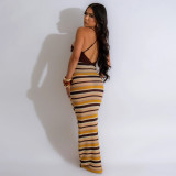 Brown Sexy Backless Halter Print Dress