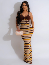 Brown Sexy Backless Halter Print Dress