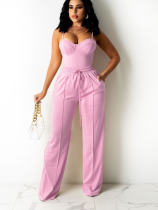 Pink Fashionable Camisole Drawstring Wide Leg Suit