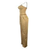 Brown Fashionable Camisole Drawstring Wide Leg Suit