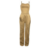 Brown Fashionable Camisole Drawstring Wide Leg Suit