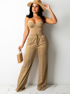 Brown Fashionable Camisole Drawstring Wide Leg Suit