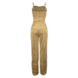 Brown Fashionable Camisole Drawstring Wide Leg Suit