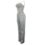 Grey Fashionable Camisole Drawstring Wide Leg Suit