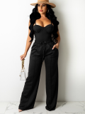 Black Fashionable Camisole Drawstring Wide Leg Suit