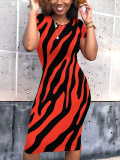Dark Red Casual Printed Round Neck Short Sleeve Dress