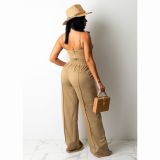 Brown Fashionable Camisole Drawstring Wide Leg Suit