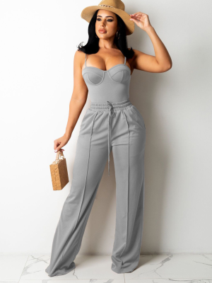 Grey Fashionable Camisole Drawstring Wide Leg Suit