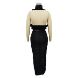 Black Sleeveless Slit Ruffle Pleated Skirt Two-Piece Set