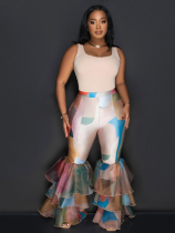 Tie-Dye Print Ruffled Flared Trousers