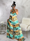 Green Printed Halter Neck Open Back Loose Casual Jumpsuit