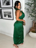 Green Sleeveless Slit Ruffle Pleated Skirt Two-Piece Set